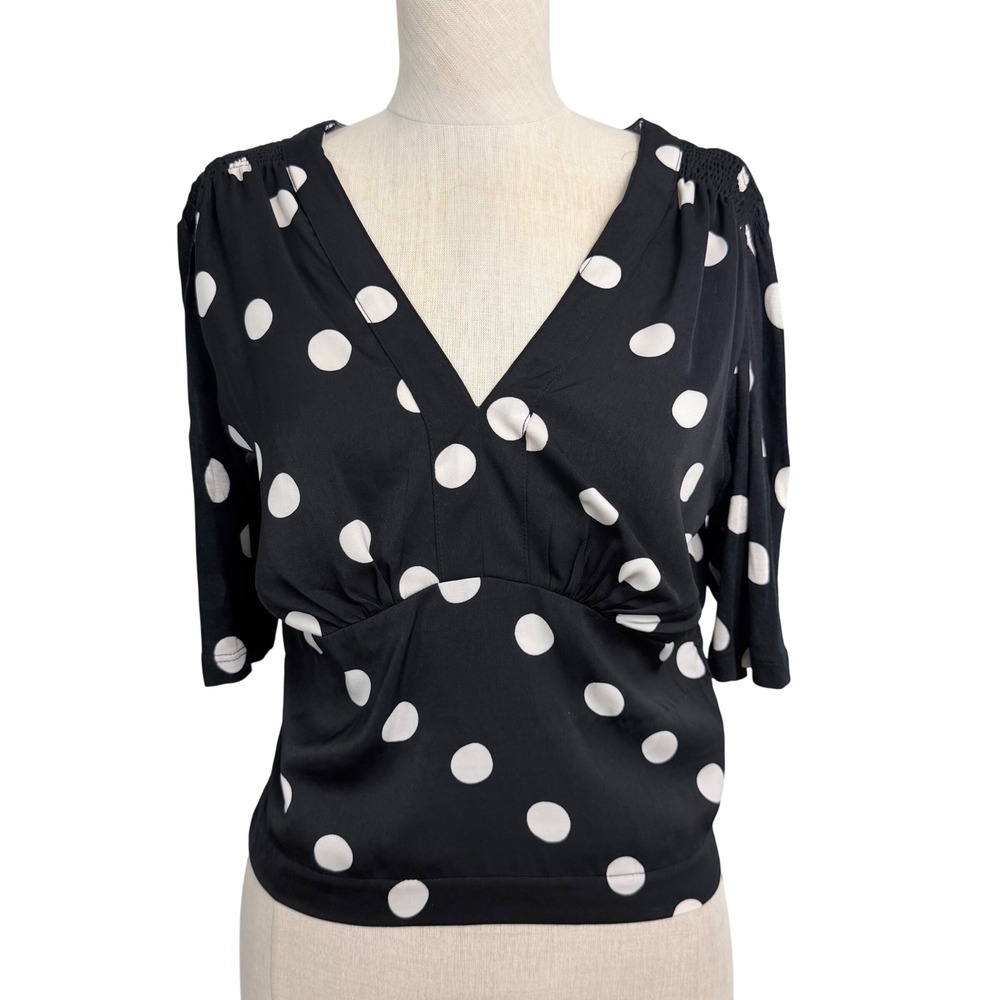 Anthropologie Tiny‎ Polka Dot Smocked Waist V-Neck Blouse Black White Size S